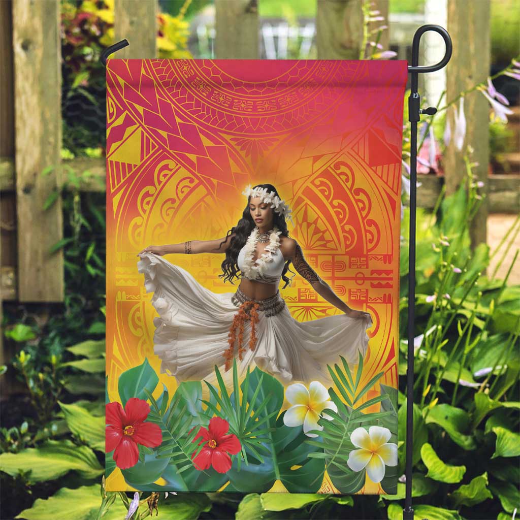 Woman Polynesian Tattoos Garden Flag Tropical Flower - Vibrant Hot Color LT03 Garden Flag Vibrant Gradient - Polynesian Pride