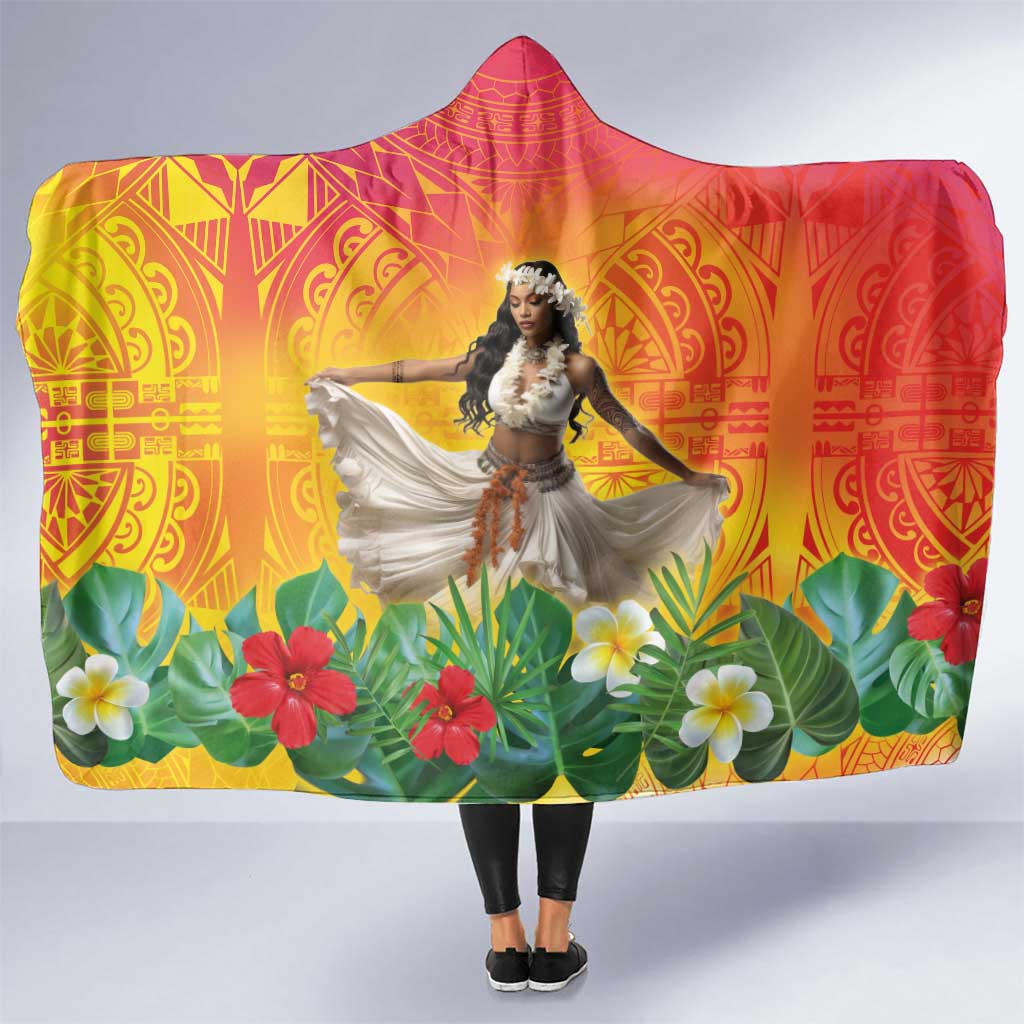 Woman Polynesian Tattoos Hooded Blanket Tropical Flower - Vibrant Hot Color