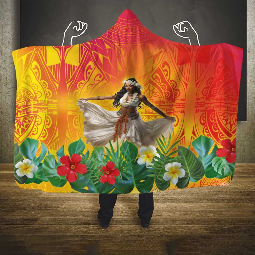 Woman Polynesian Tattoos Hooded Blanket Tropical Flower - Vibrant Hot Color LT03 - Polynesian Pride