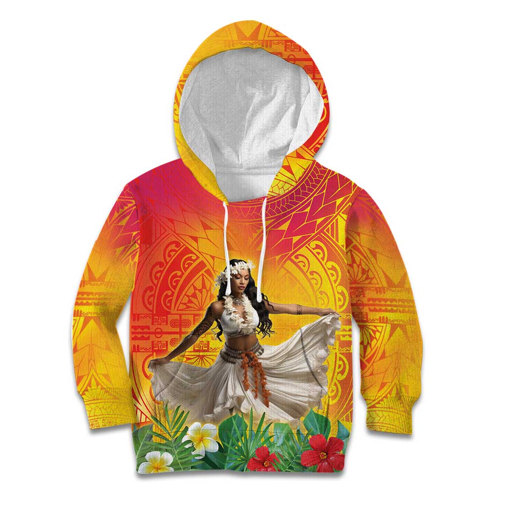 Woman Polynesian Tattoos Kid Hoodie Tropical Flower - Vibrant Hot Color