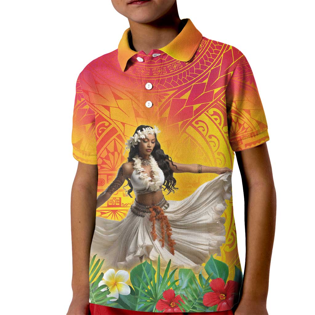 Woman Polynesian Tattoos Kid Polo Shirt Tropical Flower - Vibrant Hot Color