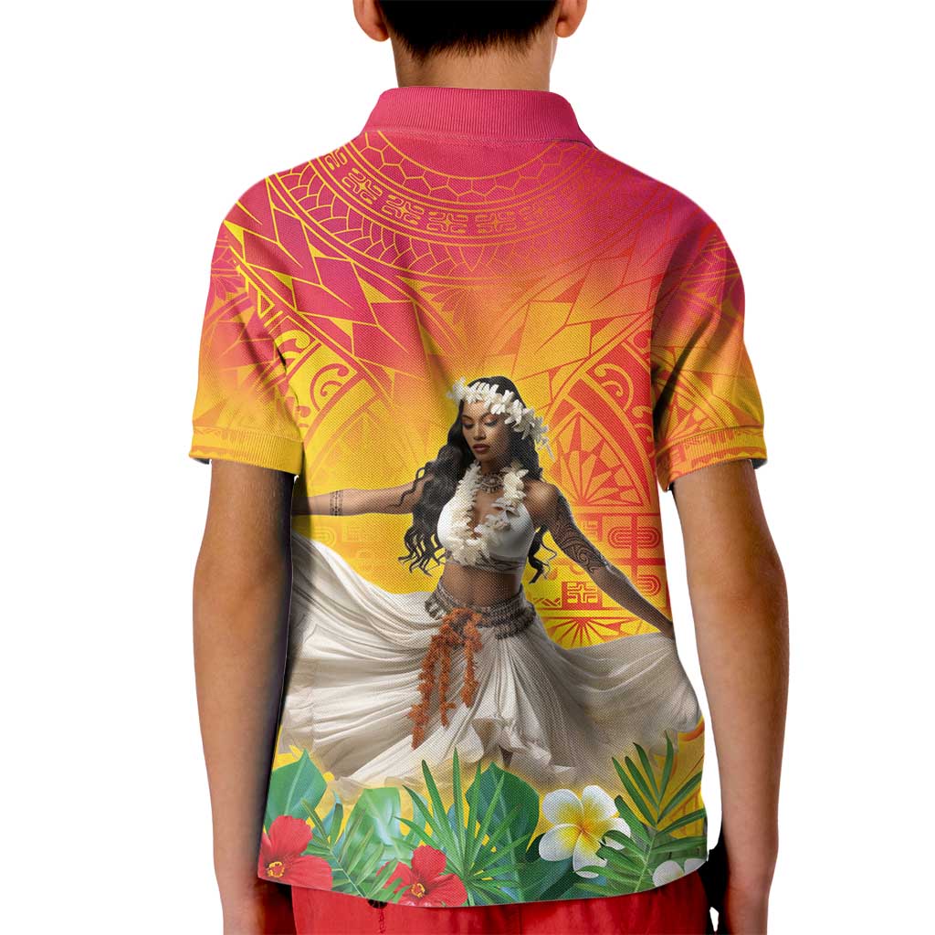 Woman Polynesian Tattoos Kid Polo Shirt Tropical Flower - Vibrant Hot Color