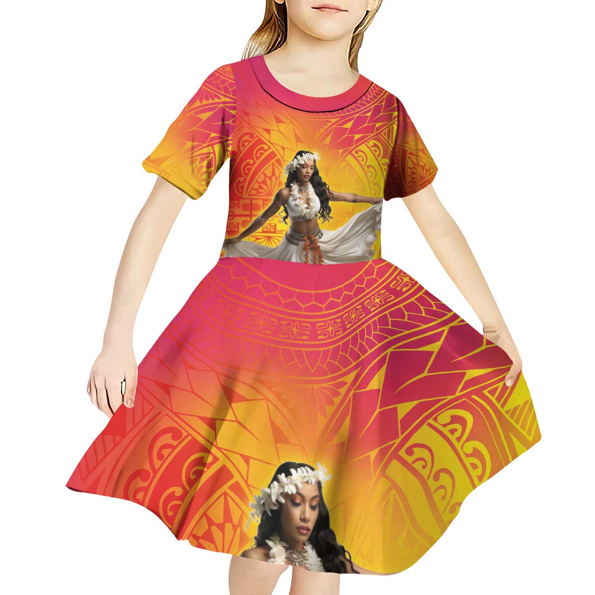 Woman Polynesian Tattoos Kid Short Sleeve Dress Tropical Flower - Vibrant Hot Color