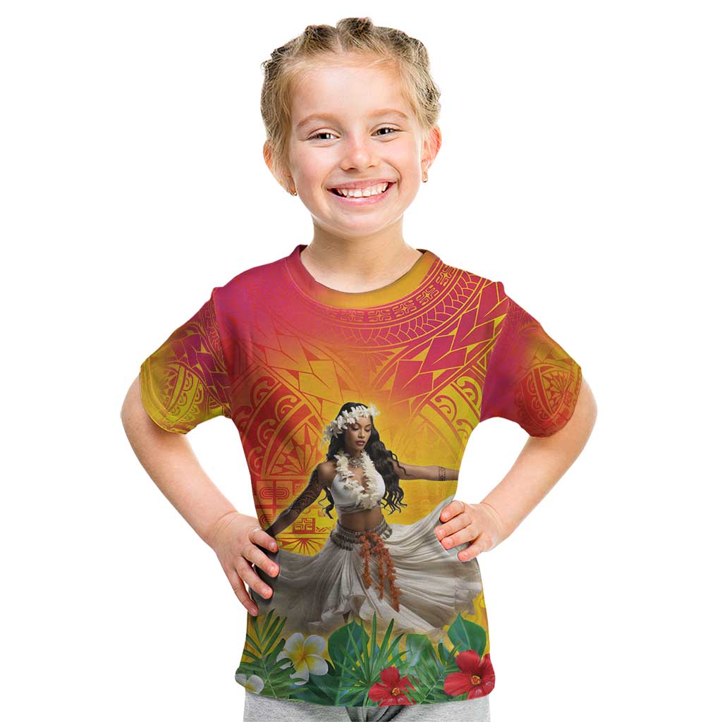 Woman Polynesian Tattoos Kid T Shirt Tropical Flower - Vibrant Hot Color