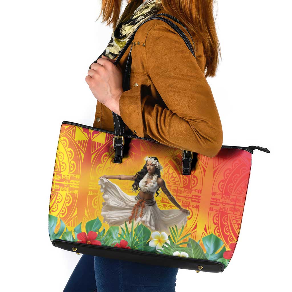 Woman Polynesian Tattoos Leather Tote Bag Tropical Flower - Vibrant Hot Color LT03 Vibrant Gradient - Polynesian Pride