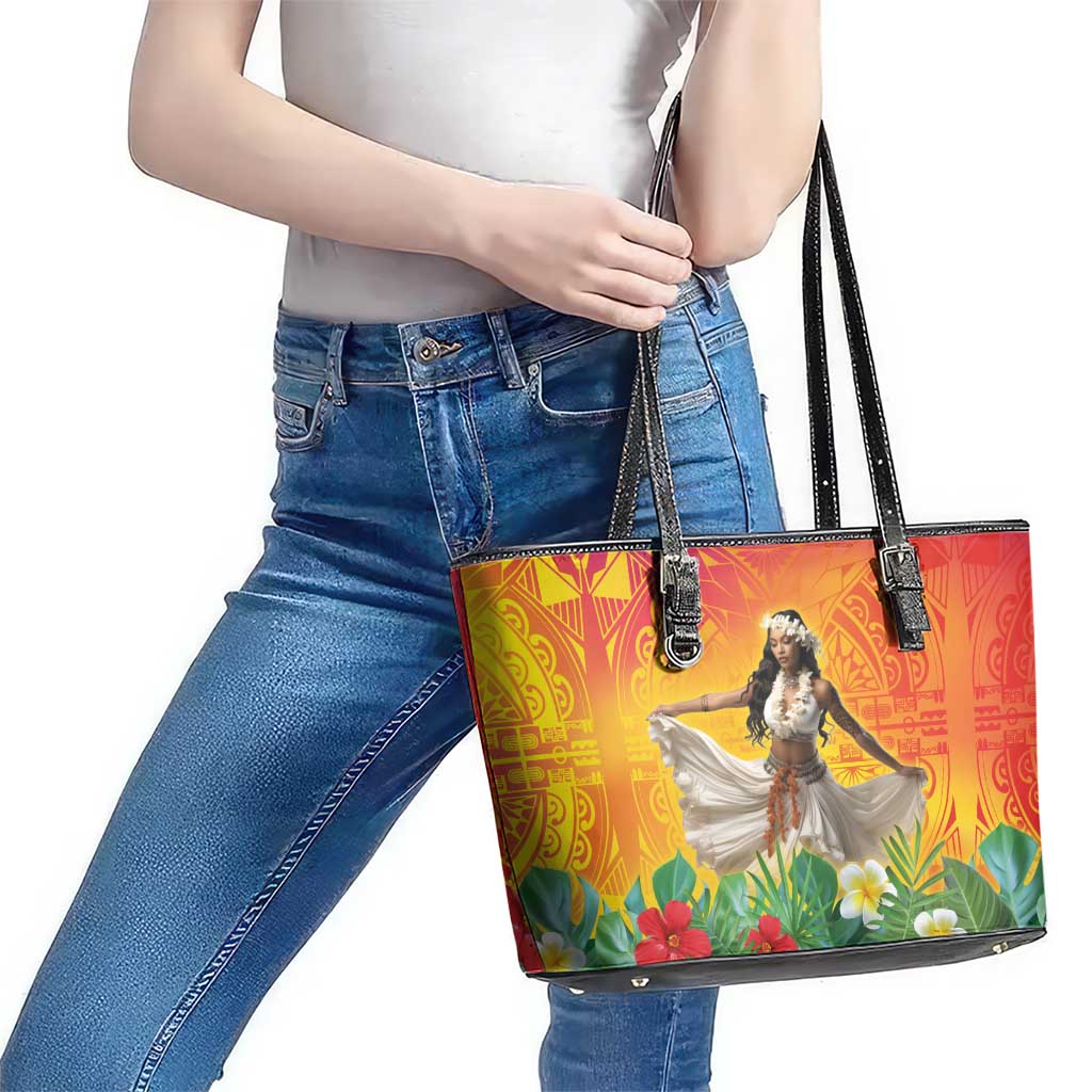 Woman Polynesian Tattoos Leather Tote Bag Tropical Flower - Vibrant Hot Color LT03 - Polynesian Pride