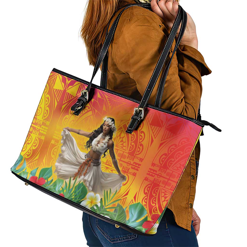 Woman Polynesian Tattoos Leather Tote Bag Tropical Flower - Vibrant Hot Color LT03 - Polynesian Pride