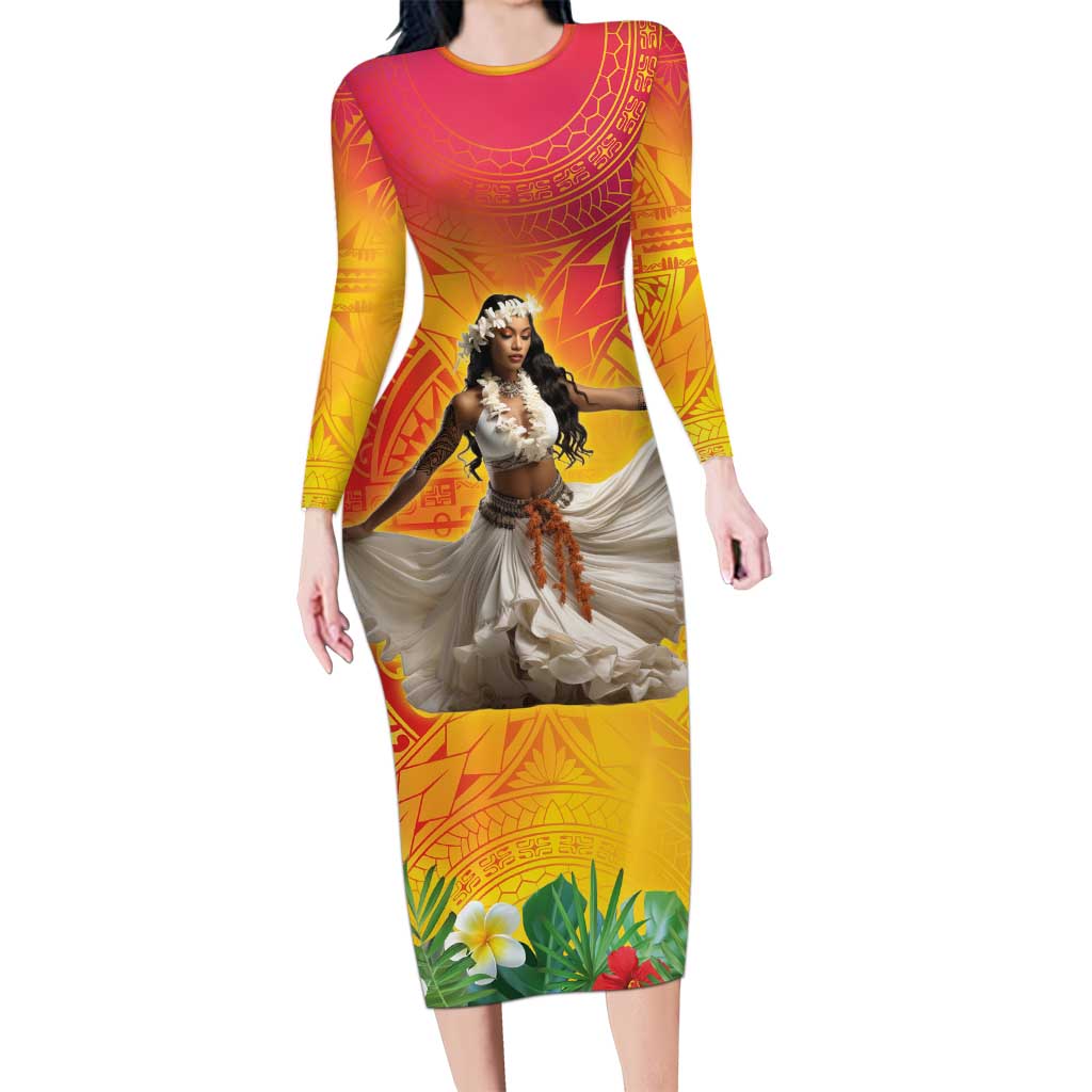 Woman Polynesian Tattoos Long Sleeve Bodycon Dress Tropical Flower - Vibrant Hot Color