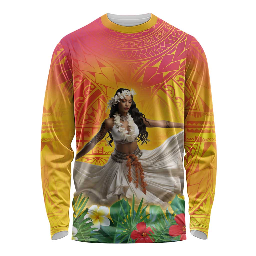 Woman Polynesian Tattoos Long Sleeve Shirt Tropical Flower - Vibrant Hot Color