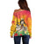 Woman Polynesian Tattoos Off Shoulder Sweater Tropical Flower - Vibrant Hot Color