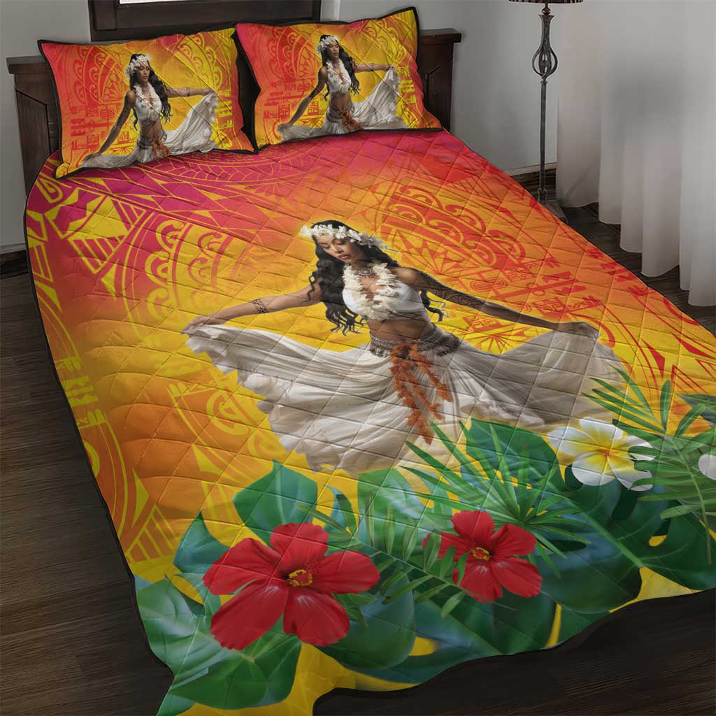 Woman Polynesian Tattoos Quilt Bed Set Tropical Flower - Vibrant Hot Color