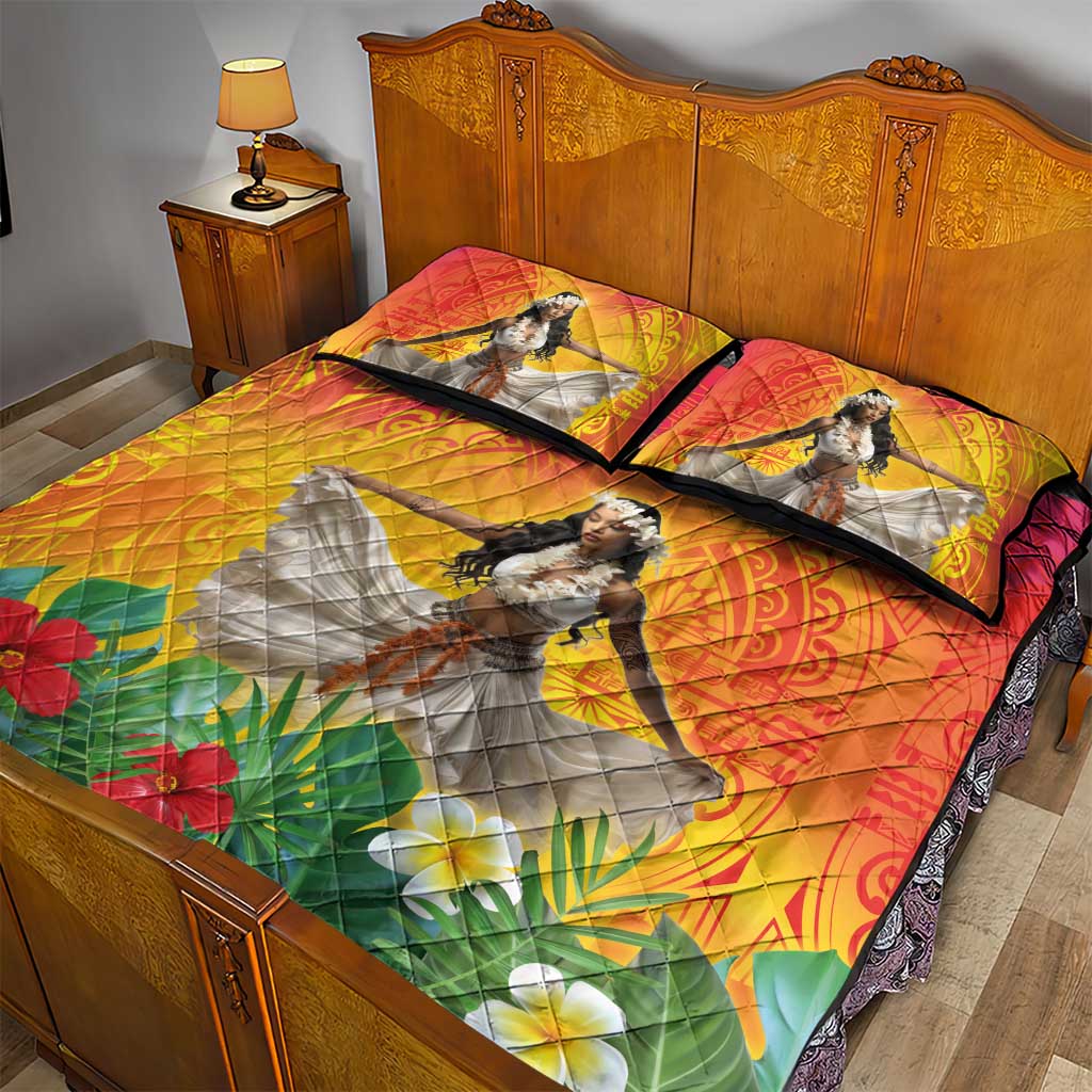 Woman Polynesian Tattoos Quilt Bed Set Tropical Flower - Vibrant Hot Color LT03 - Polynesian Pride
