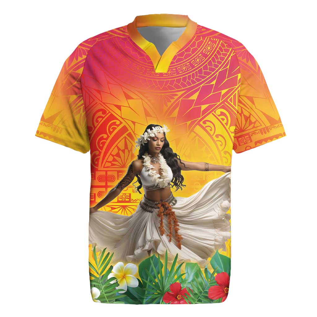 Woman Polynesian Tattoos Rugby Jersey Tropical Flower - Vibrant Hot Color LT03 Vibrant Gradient - Polynesian Pride