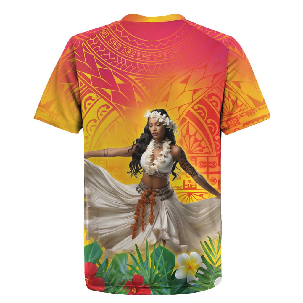 Woman Polynesian Tattoos Rugby Jersey Tropical Flower - Vibrant Hot Color LT03 - Polynesian Pride