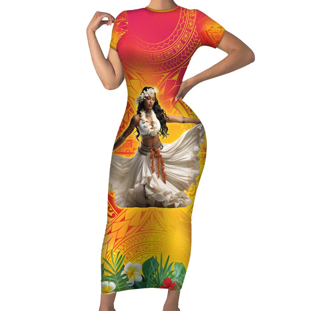 Woman Polynesian Tattoos Short Sleeve Bodycon Dress Tropical Flower - Vibrant Hot Color