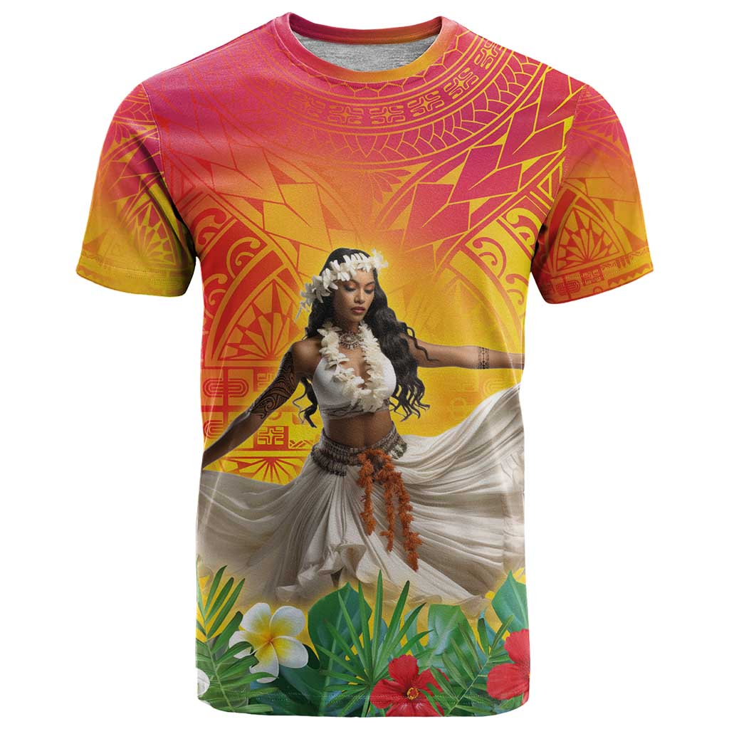 Woman Polynesian Tattoos T Shirt Tropical Flower - Vibrant Hot Color