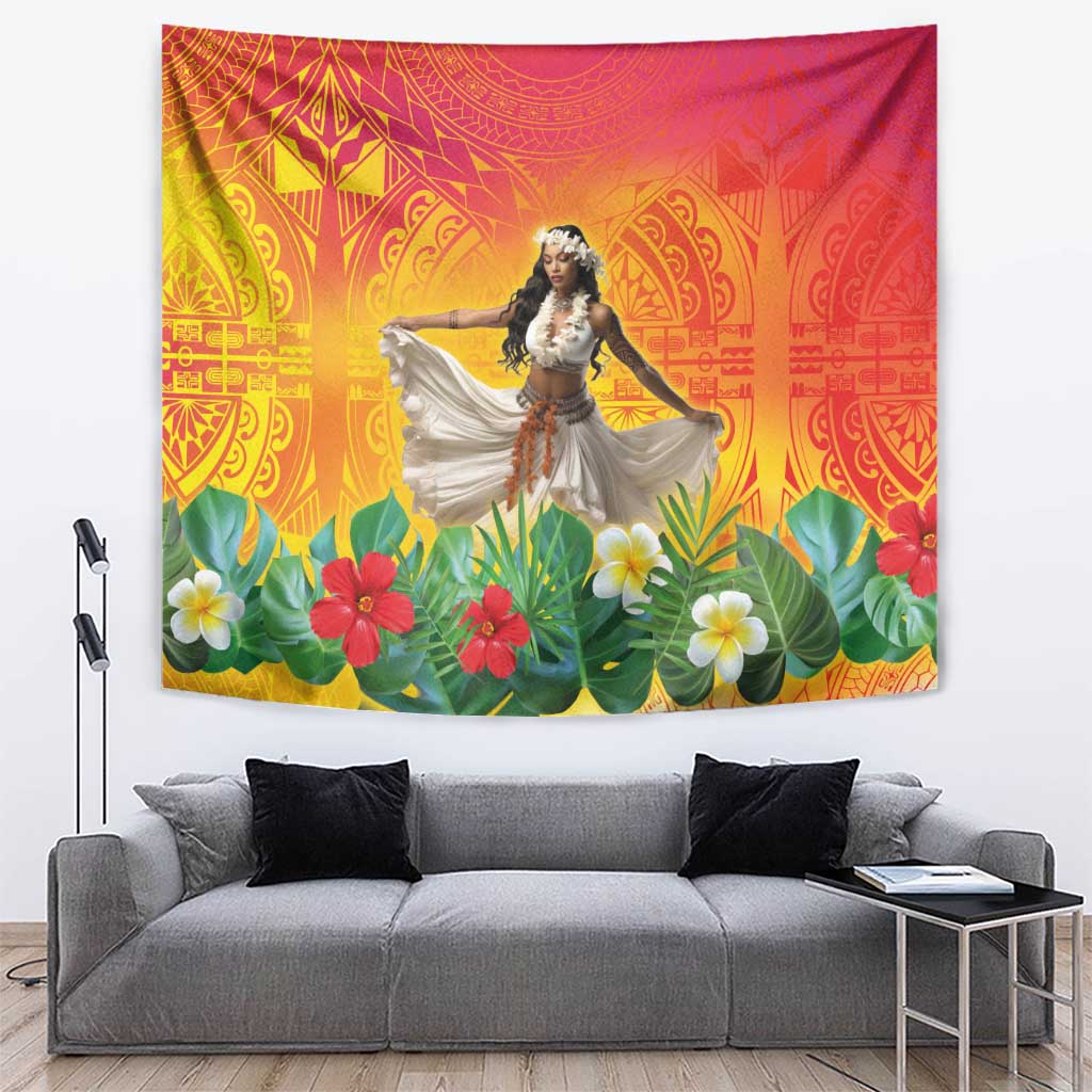 Woman Polynesian Tattoos Tapestry Tropical Flower - Vibrant Hot Color