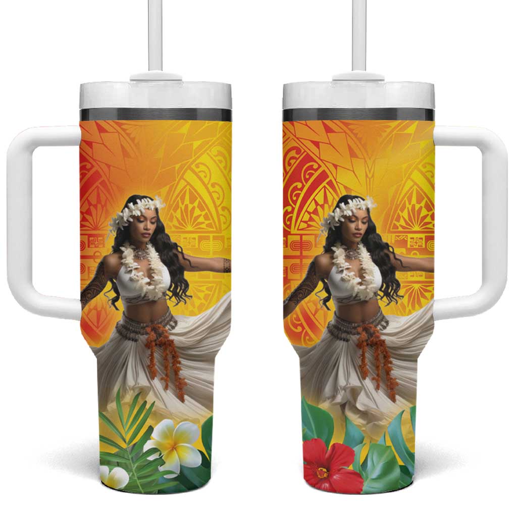 Woman Polynesian Tattoos Tumbler With Handle Tropical Flower - Vibrant Hot Color