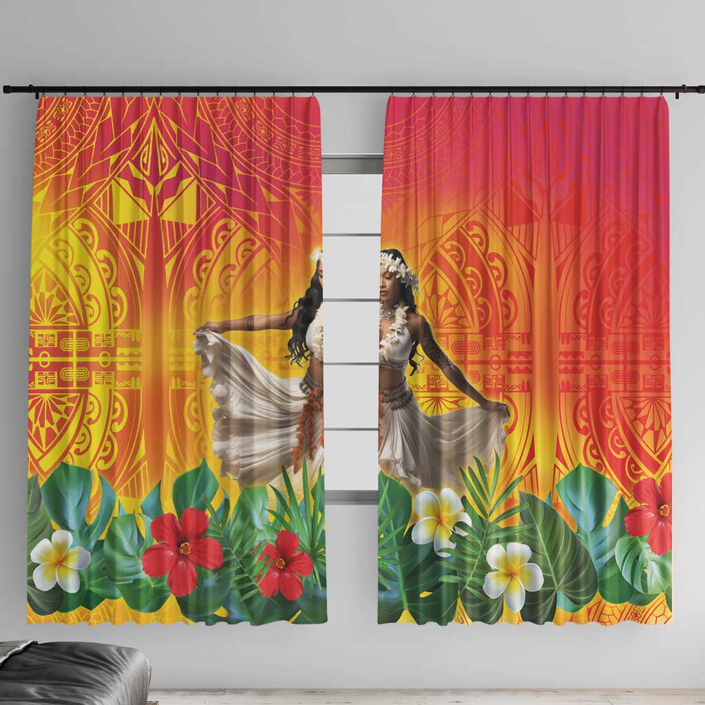 Woman Polynesian Tattoos Window Curtain Tropical Flower - Vibrant Hot Color