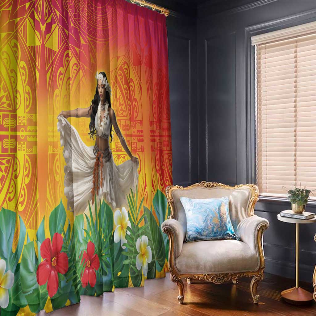 Woman Polynesian Tattoos Window Curtain Tropical Flower - Vibrant Hot Color LT03 - Polynesian Pride
