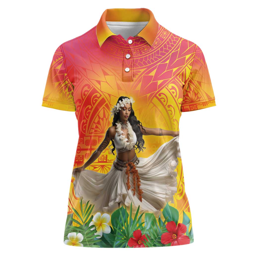 Woman Polynesian Tattoos Women Polo Shirt Tropical Flower - Vibrant Hot Color