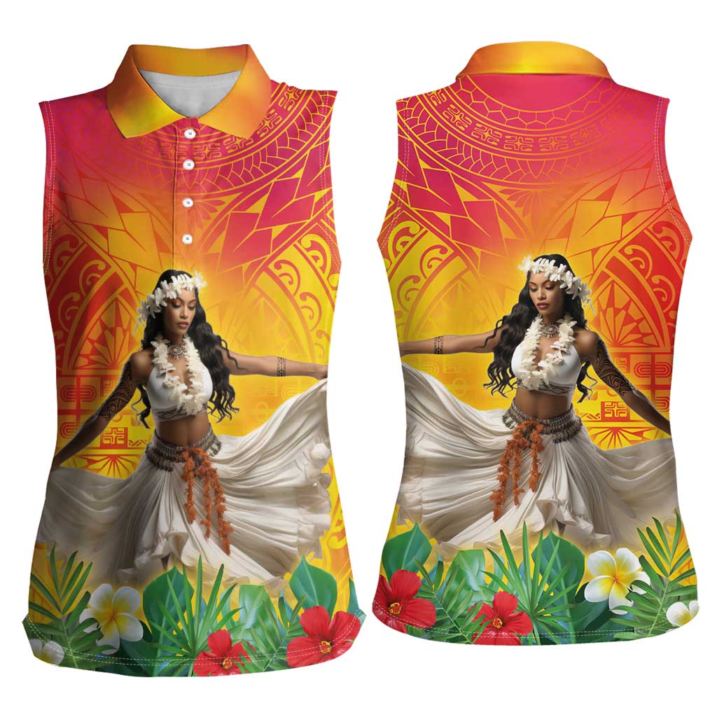 Woman Polynesian Tattoos Women Sleeveless Polo Shirt Tropical Flower - Vibrant Hot Color