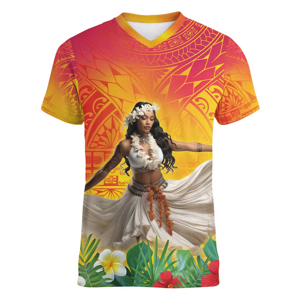 Woman Polynesian Tattoos Women V-Neck T-Shirt Tropical Flower - Vibrant Hot Color LT03 Female Vibrant Gradient - Polynesian Pride