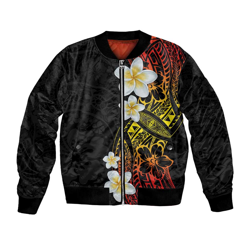 Plumeria Bomber Jacket Polynesian Tribal Frangipani Sunset