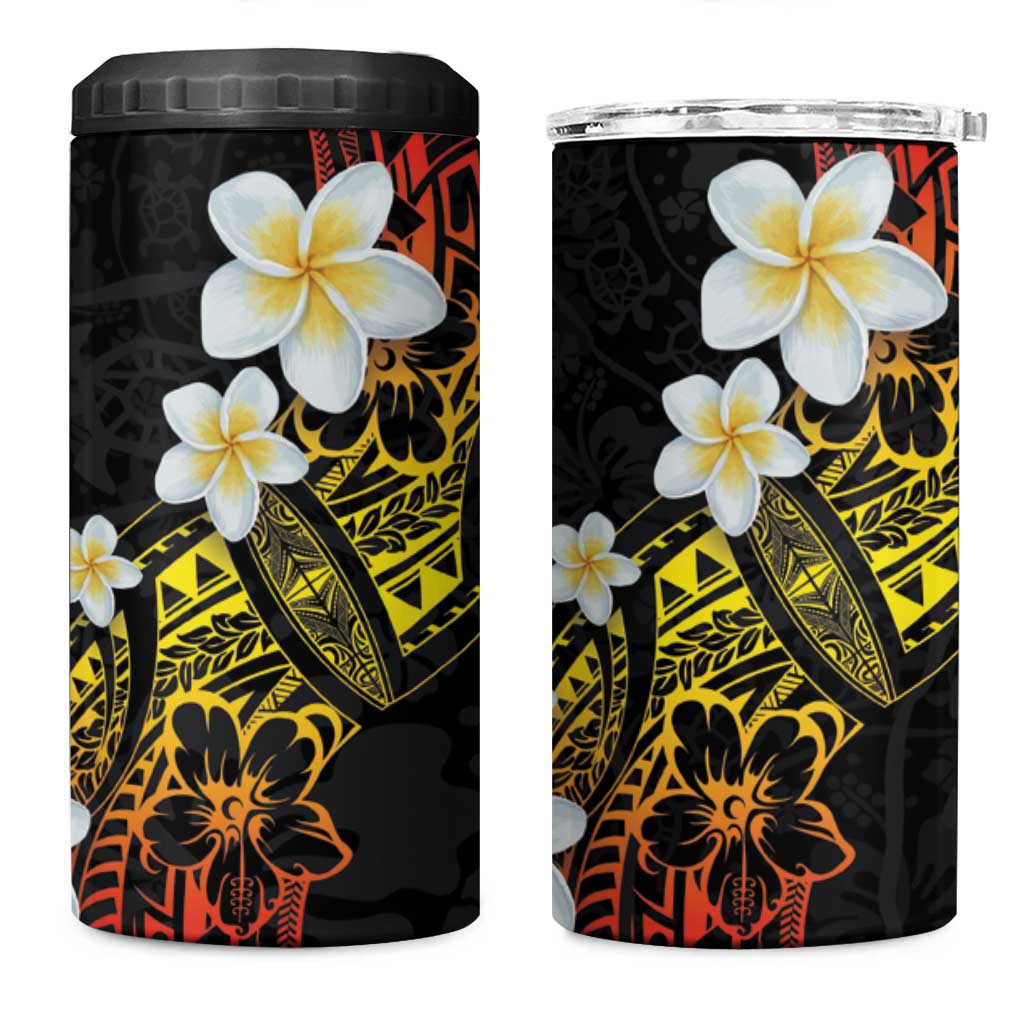 Polynesian Tattoos Frangipani 4 in 1 Can Cooler Tumbler Hibiscus Turtles and Tribal Motifs Vintage Floral - Sunset Color