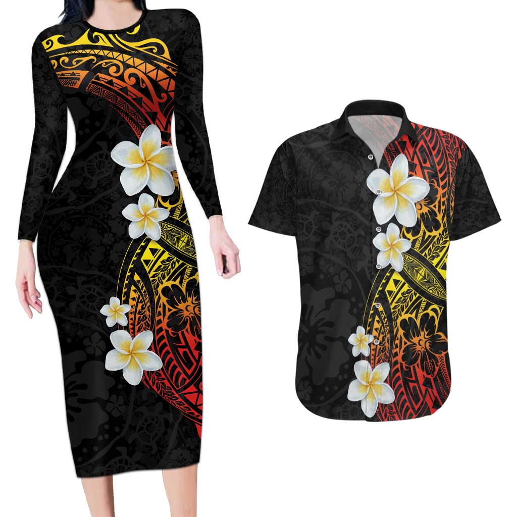 Plumeria Couples Matching Long Sleeve Bodycon Dress and Hawaiian Shirt Polynesian Tribal Frangipani Sunset