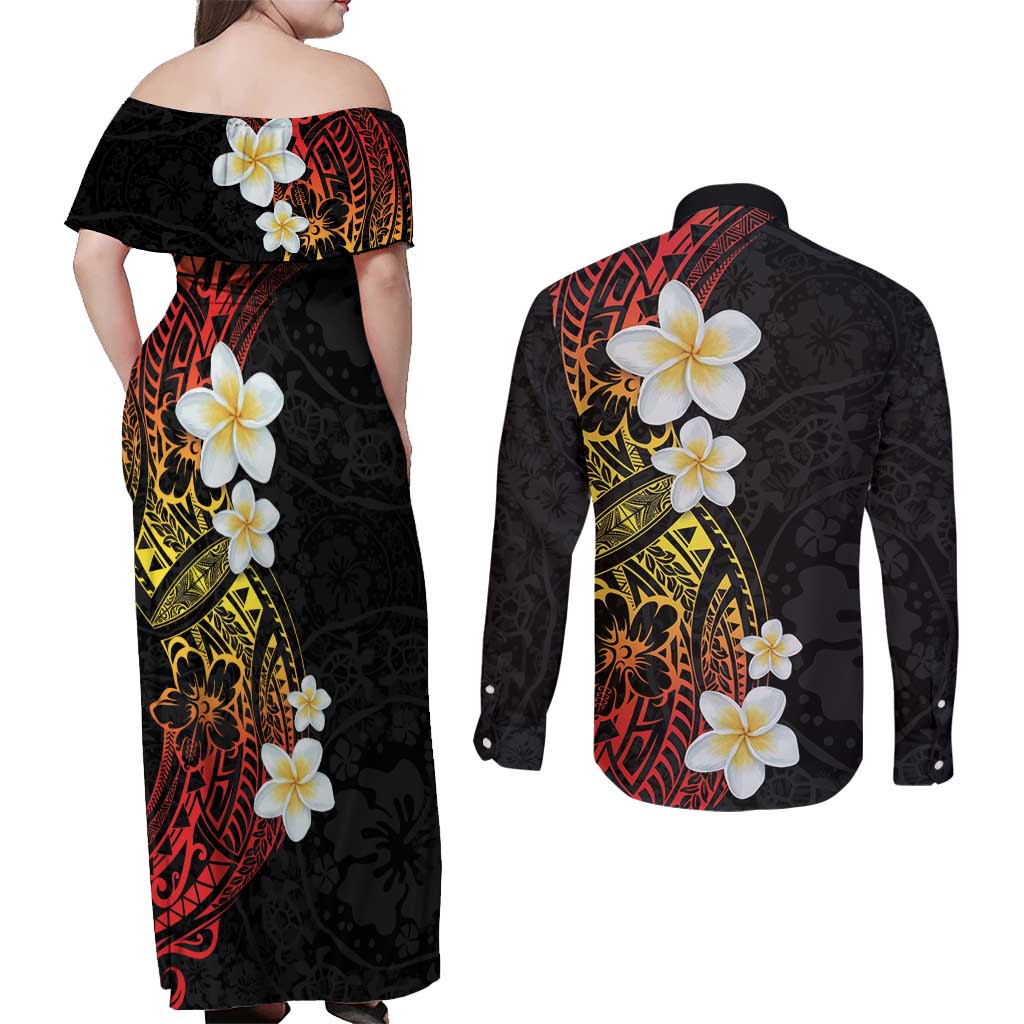 Plumeria Couples Matching Off Shoulder Maxi Dress and Long Sleeve Button Shirt Polynesian Tribal Frangipani Sunset LT03 - Polynesian Pride