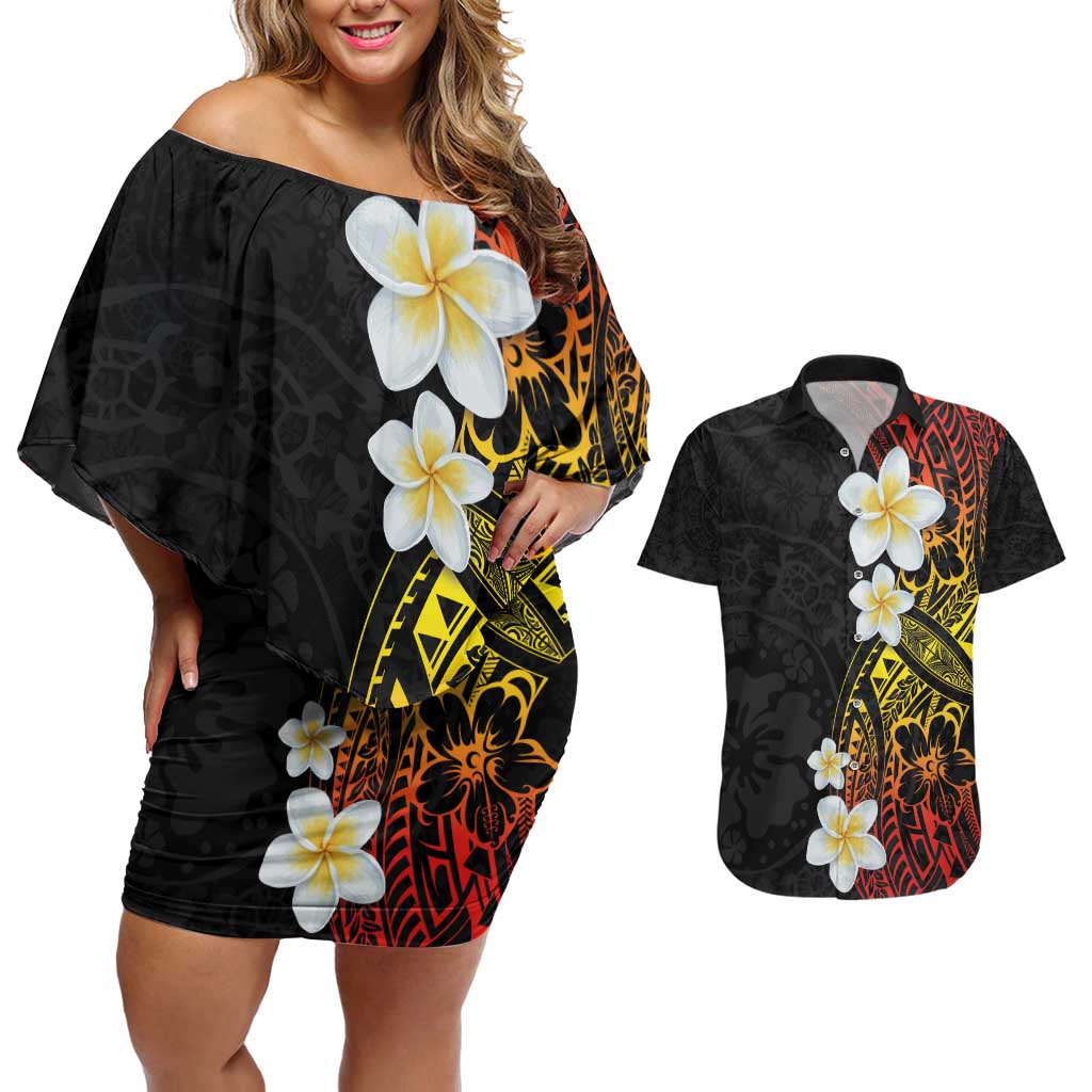 Plumeria Couples Matching Off Shoulder Short Dress and Hawaiian Shirt Polynesian Tribal Frangipani Sunset