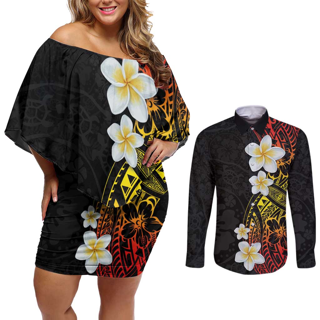 Plumeria Couples Matching Off Shoulder Short Dress and Long Sleeve Button Shirt Polynesian Tribal Frangipani Sunset LT03 Black - Polynesian Pride