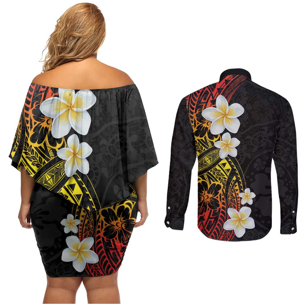 Plumeria Couples Matching Off Shoulder Short Dress and Long Sleeve Button Shirt Polynesian Tribal Frangipani Sunset LT03 - Polynesian Pride