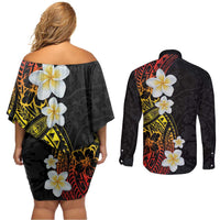 Plumeria Couples Matching Off Shoulder Short Dress and Long Sleeve Button Shirt Polynesian Tribal Frangipani Sunset LT03 - Polynesian Pride