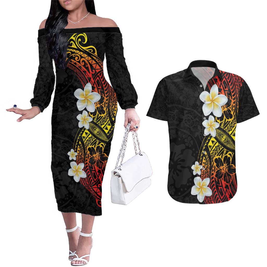 Plumeria Couples Matching Off The Shoulder Long Sleeve Dress and Hawaiian Shirt Polynesian Tribal Frangipani Sunset