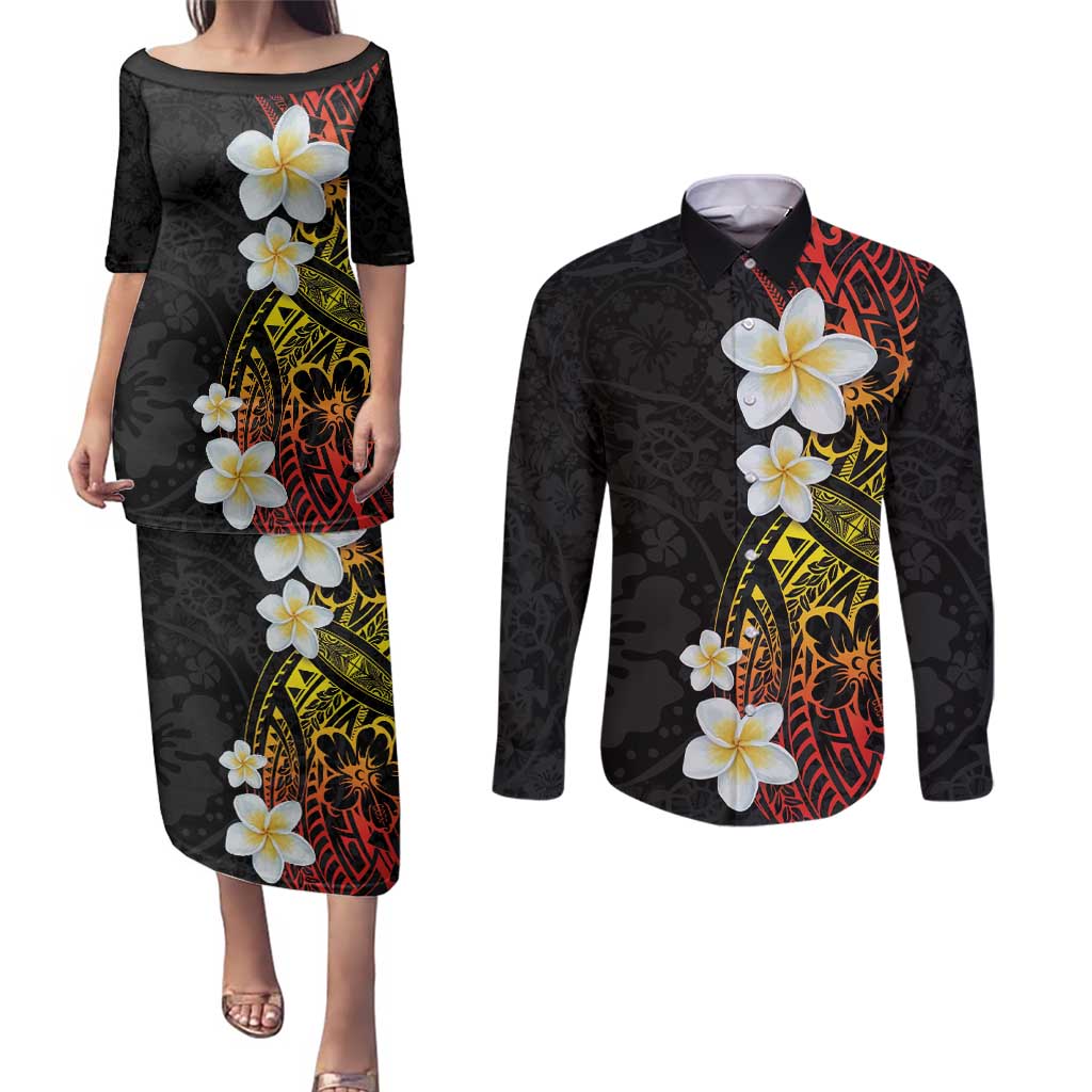 Plumeria Couples Matching Puletasi and Long Sleeve Button Shirt Polynesian Tribal Frangipani Sunset LT03 Black - Polynesian Pride
