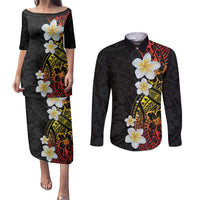 Plumeria Couples Matching Puletasi and Long Sleeve Button Shirt Polynesian Tribal Frangipani Sunset LT03 Black - Polynesian Pride