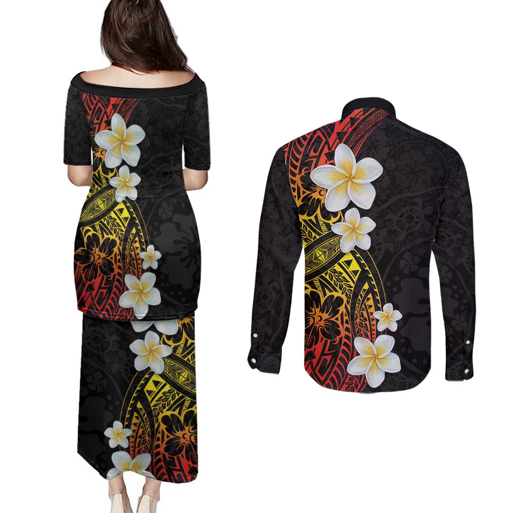 Plumeria Couples Matching Puletasi and Long Sleeve Button Shirt Polynesian Tribal Frangipani Sunset LT03 - Polynesian Pride