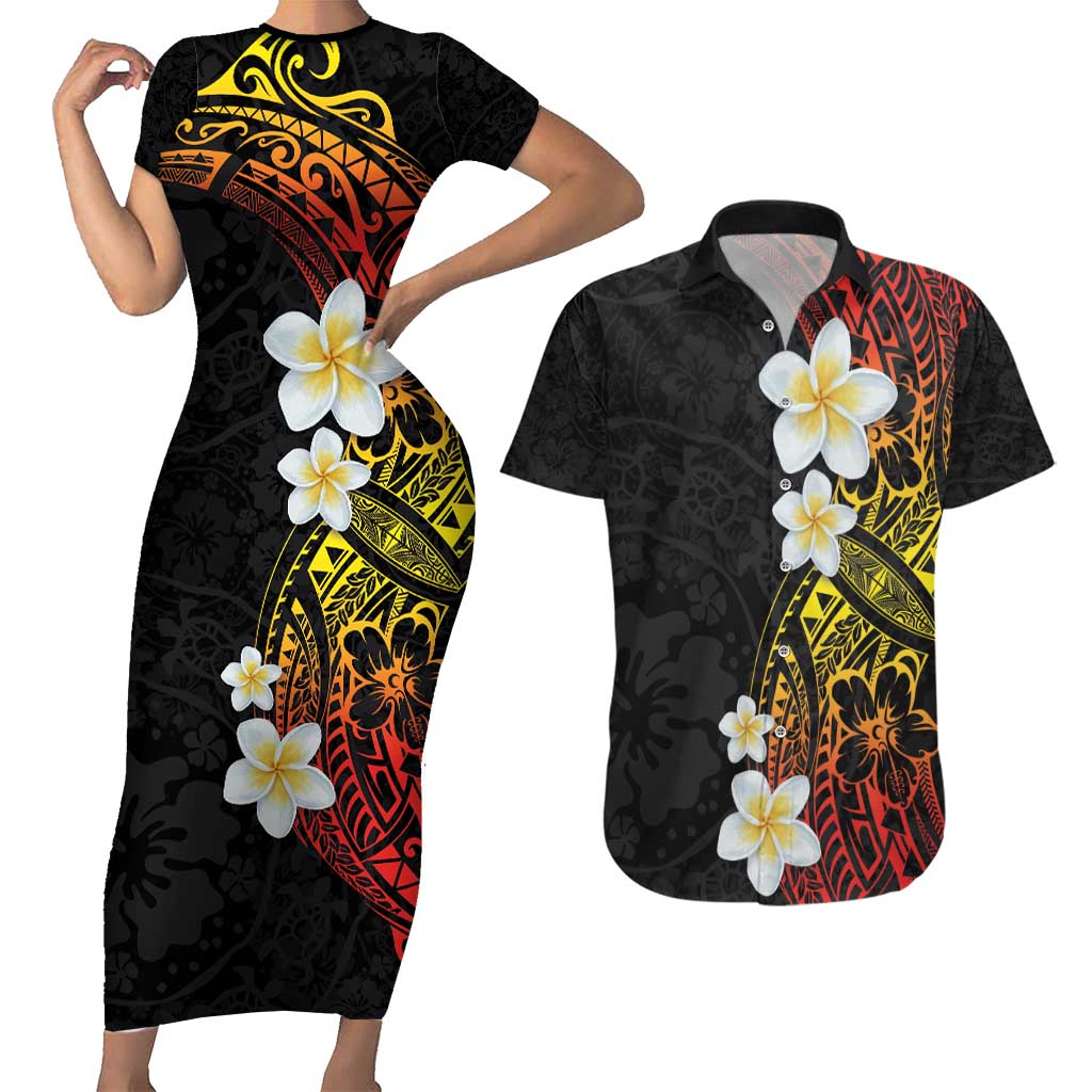 Plumeria Couples Matching Short Sleeve Bodycon Dress and Hawaiian Shirt Polynesian Tribal Frangipani Sunset LT03 Black - Polynesian Pride