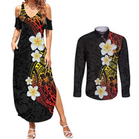 Plumeria Couples Matching Summer Maxi Dress and Long Sleeve Button Shirt Polynesian Tribal Frangipani Sunset LT03 Black - Polynesian Pride