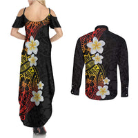 Plumeria Couples Matching Summer Maxi Dress and Long Sleeve Button Shirt Polynesian Tribal Frangipani Sunset LT03 - Polynesian Pride