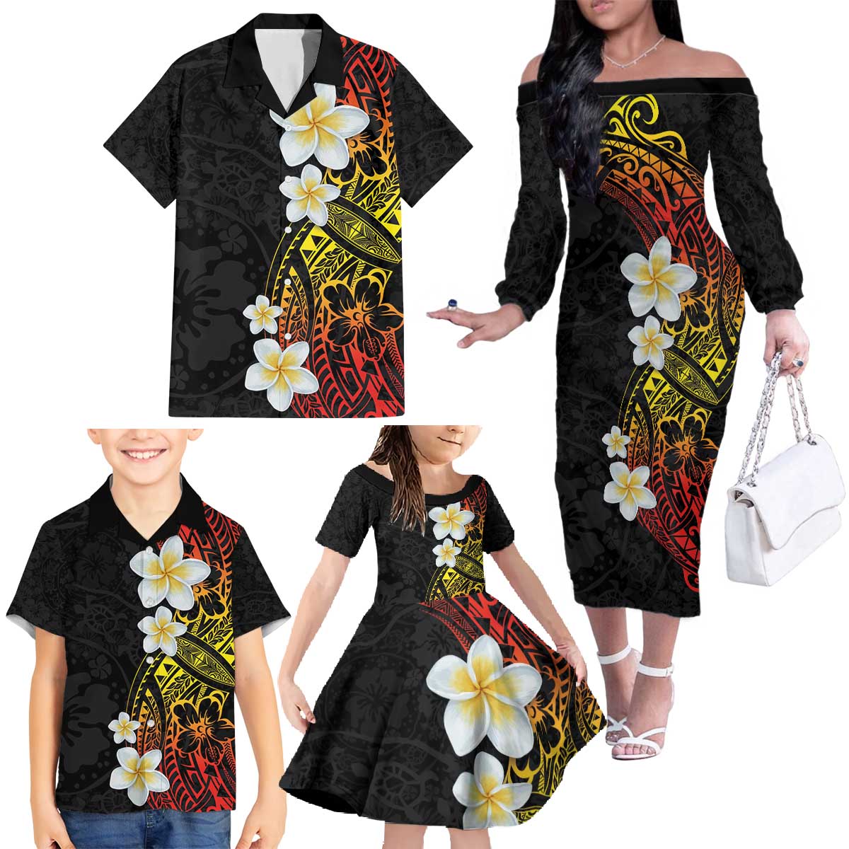 Plumeria Family Matching Off The Shoulder Long Sleeve Dress and Hawaiian Shirt Polynesian Tribal Frangipani Sunset