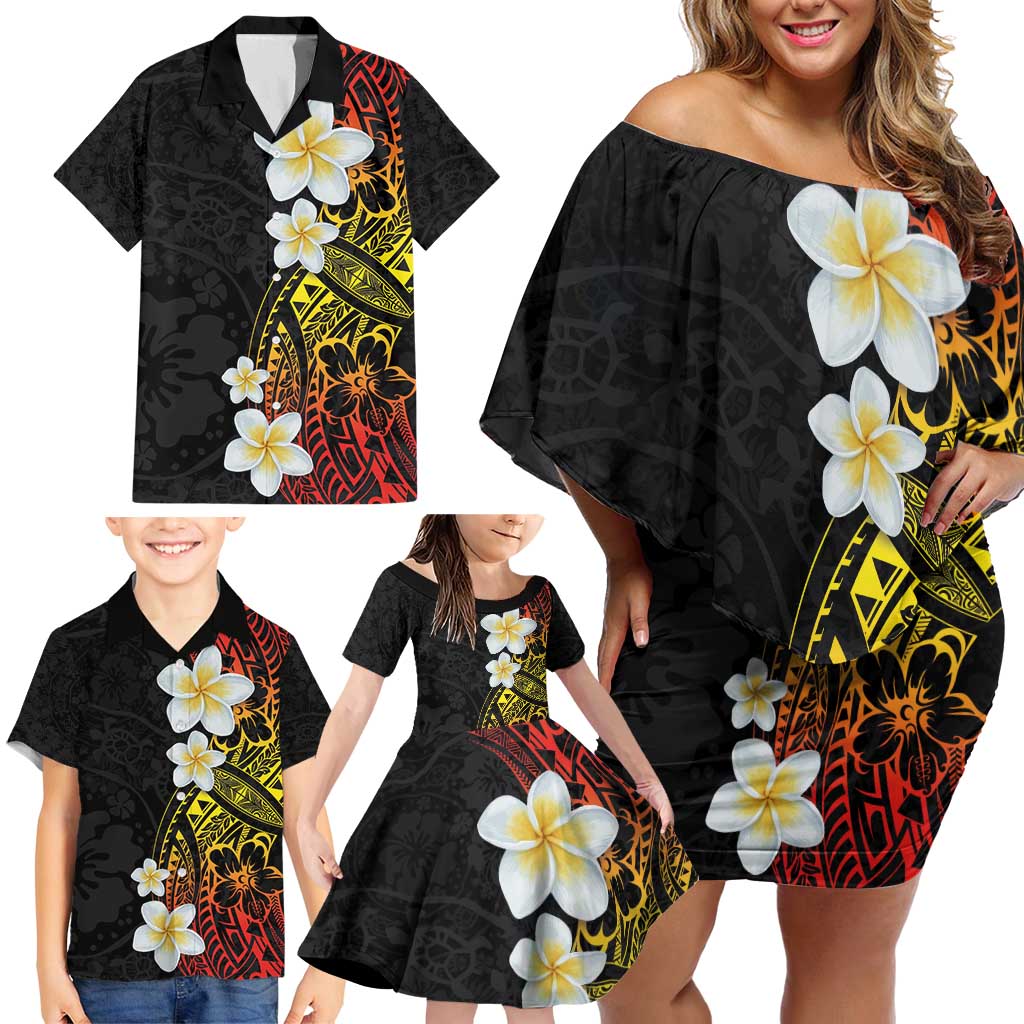 Plumeria Family Matching Off Shoulder Short Dress and Hawaiian Shirt Polynesian Tribal Frangipani Sunset