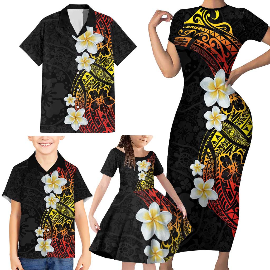 Plumeria Family Matching Short Sleeve Bodycon Dress and Hawaiian Shirt Polynesian Tribal Frangipani Sunset