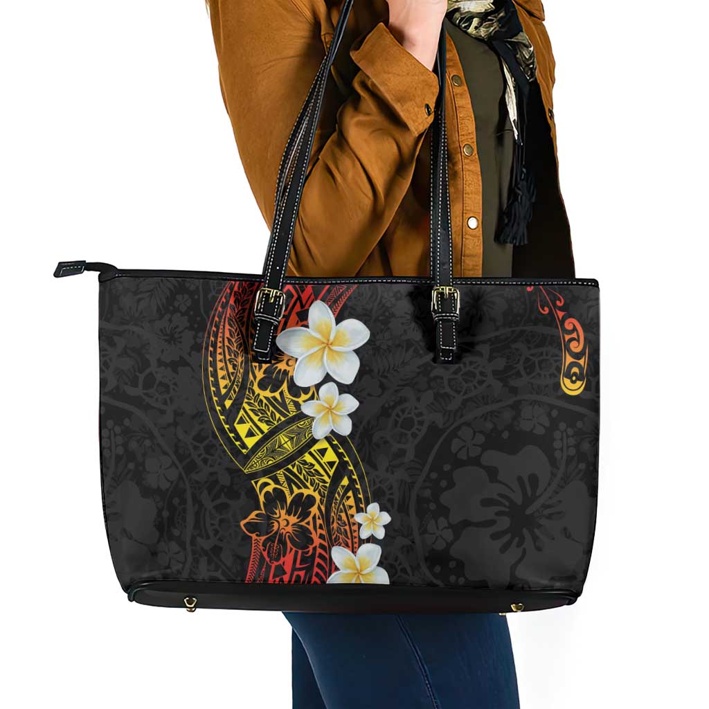Plumeria Leather Tote Bag Polynesian Tribal Frangipani Sunset LT03 - Polynesian Pride