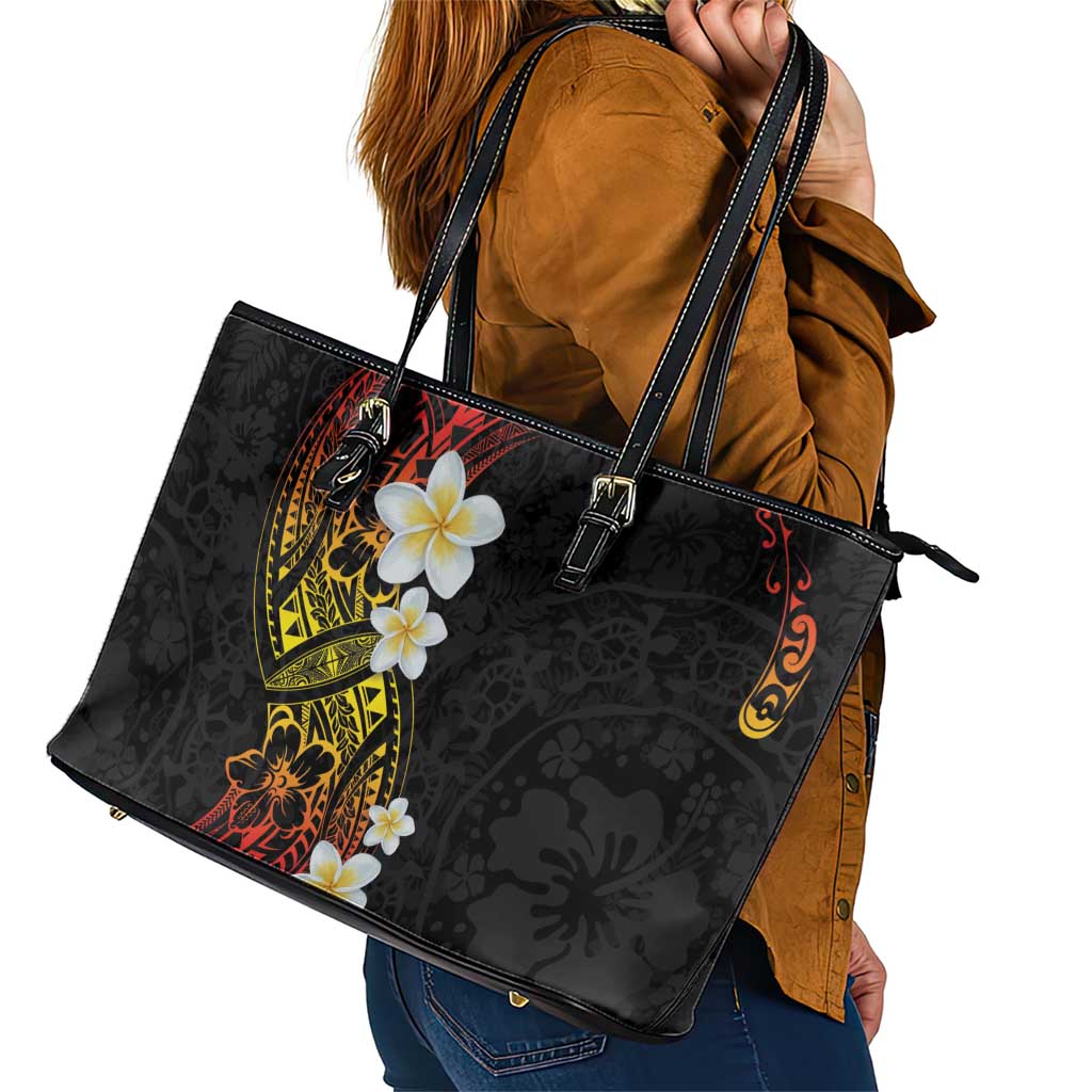 Plumeria Leather Tote Bag Polynesian Tribal Frangipani Sunset LT03 - Polynesian Pride