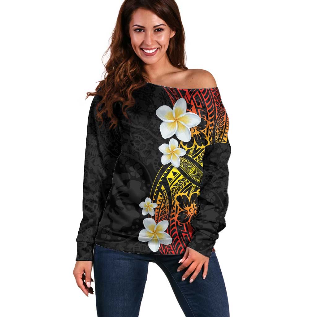 Plumeria Off Shoulder Sweater Polynesian Tribal Frangipani Sunset