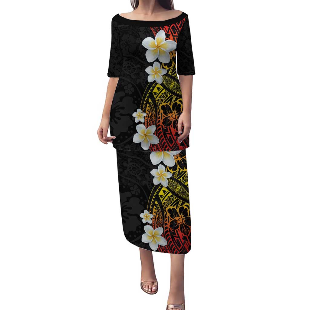 Plumeria Puletasi Polynesian Tribal Frangipani Sunset LT03 Long Dress Black - Polynesian Pride
