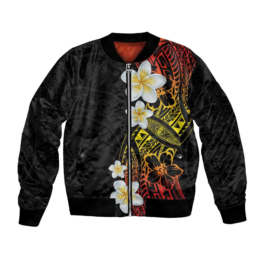 Plumeria Sleeve Zip Bomber Jacket Polynesian Tribal Frangipani Sunset